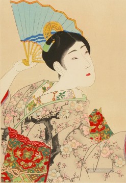  Sosteniendo Pintura al %c3%b3leo - Mujeres muy hermosas Shin Bijin una mujer japonesa sosteniendo un abanico japonés Toyohara Chikanobu